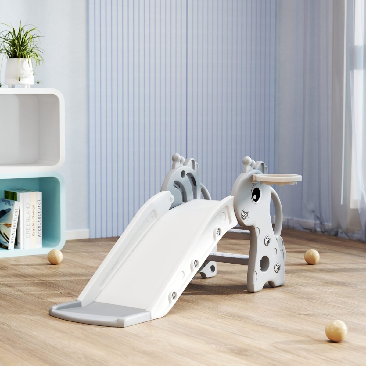 Žirafos formos vaikiška čiuožykla su krepšinio lanku ir kamuoliu