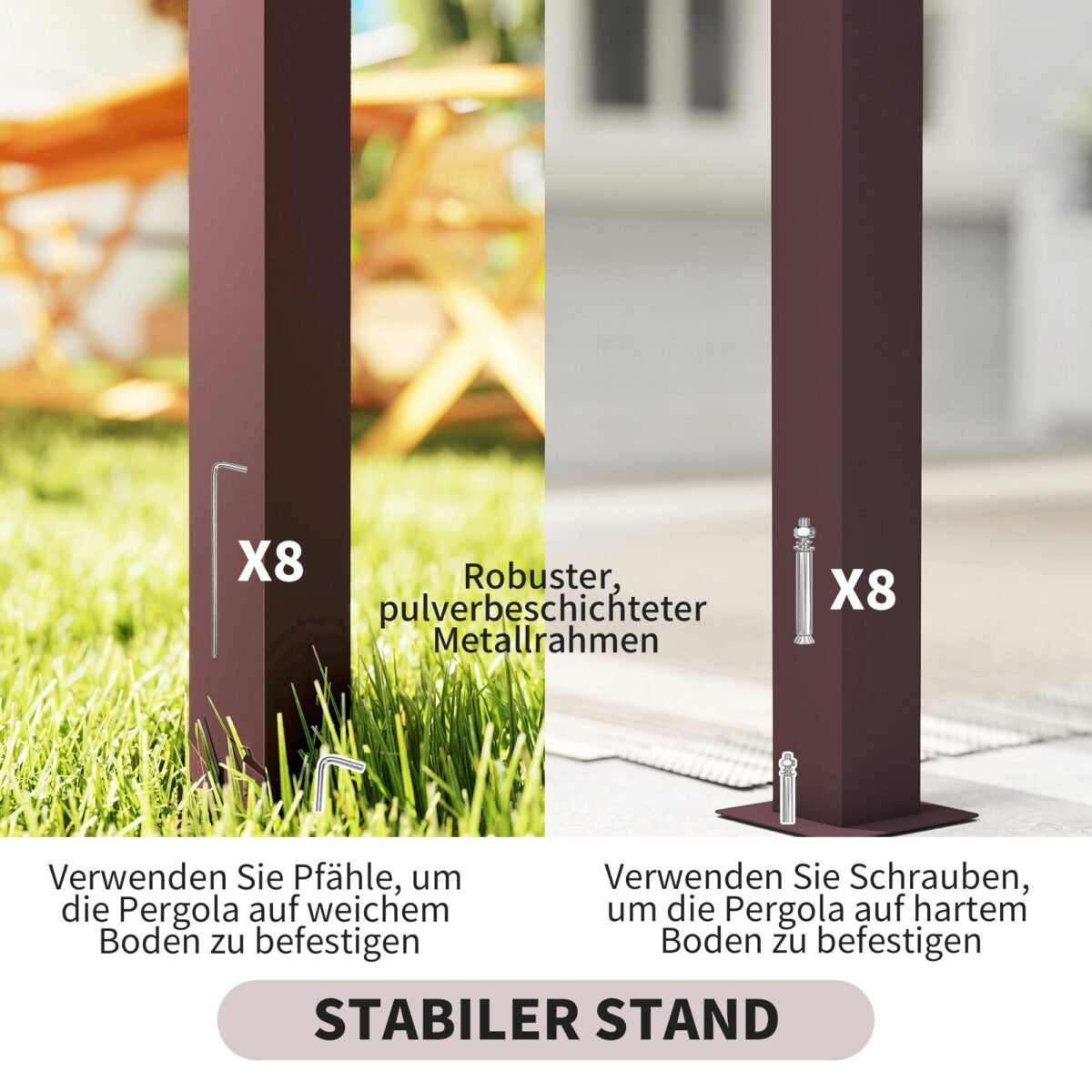 Pergola su reguliuojamu stumdomu stogu, integruotomis privatumo sienelėmis ir augalų loveliais 3x2,5 m