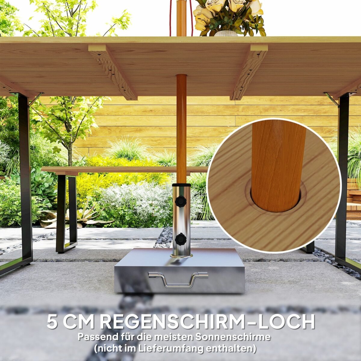 Lauko valgomojo komplektas 6 asmenims su stalu, 2 suolais ir skėčio anga