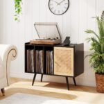 Stovas patefonui su integruota įkrovimo stotele ir laikymo vieta (Juoda)