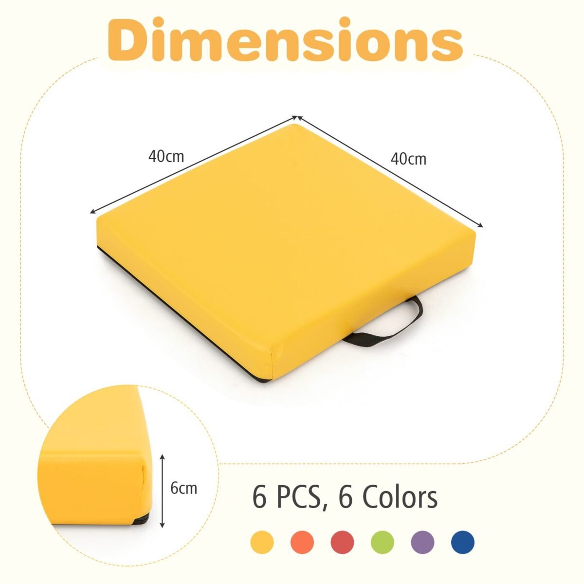 Rinkinys iš 6 kvadratinių grindų pagalvėlių su rankena ir užtrauktuku (Spalvinga)