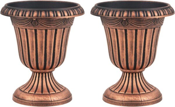Aukšti lauko vazonai su cokoliu 2 vnt (Bronzos)
