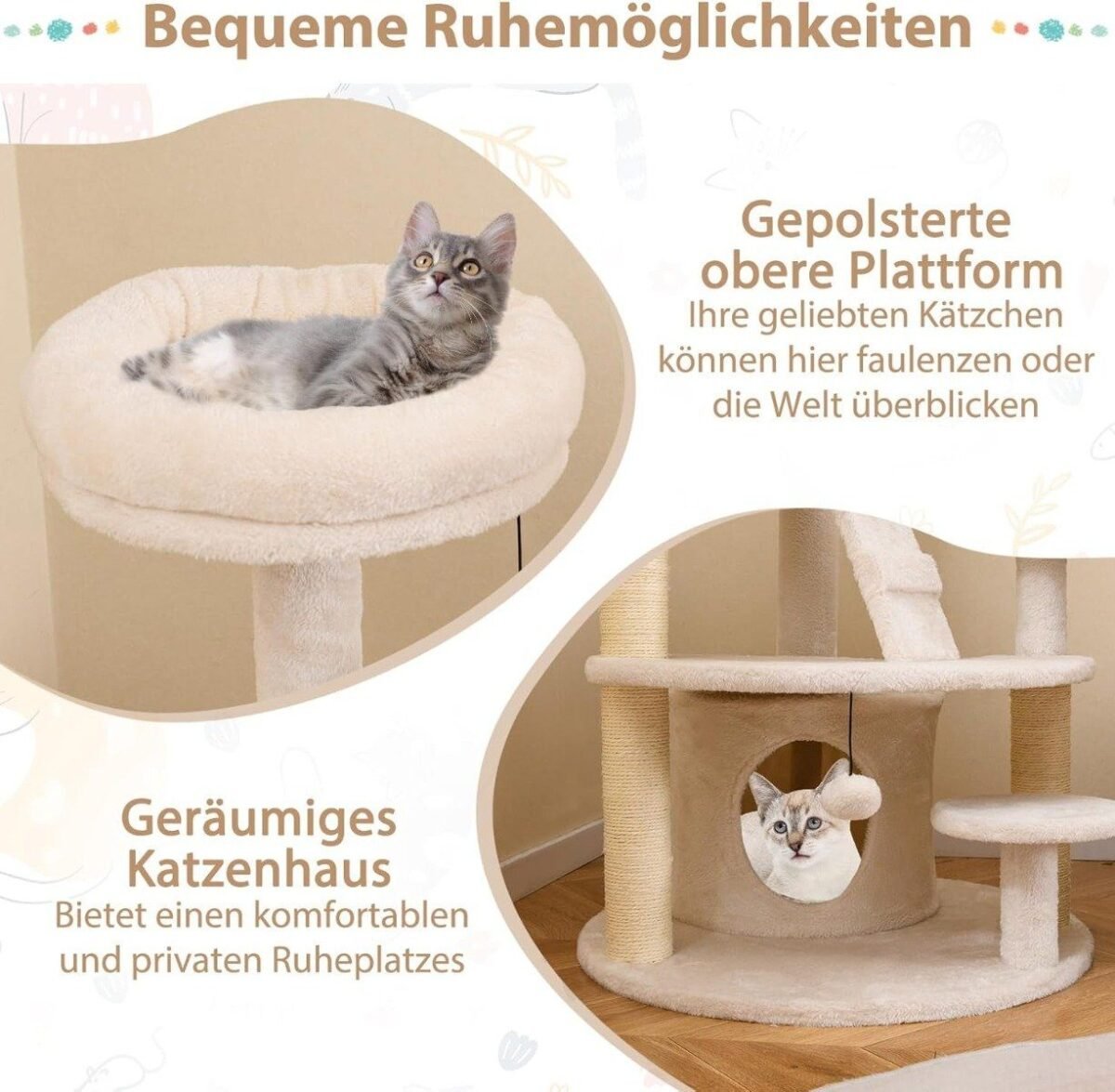 Daugiaaukštis kačių draskyklių namelis su urveliu ir platformomis (Smėlio)