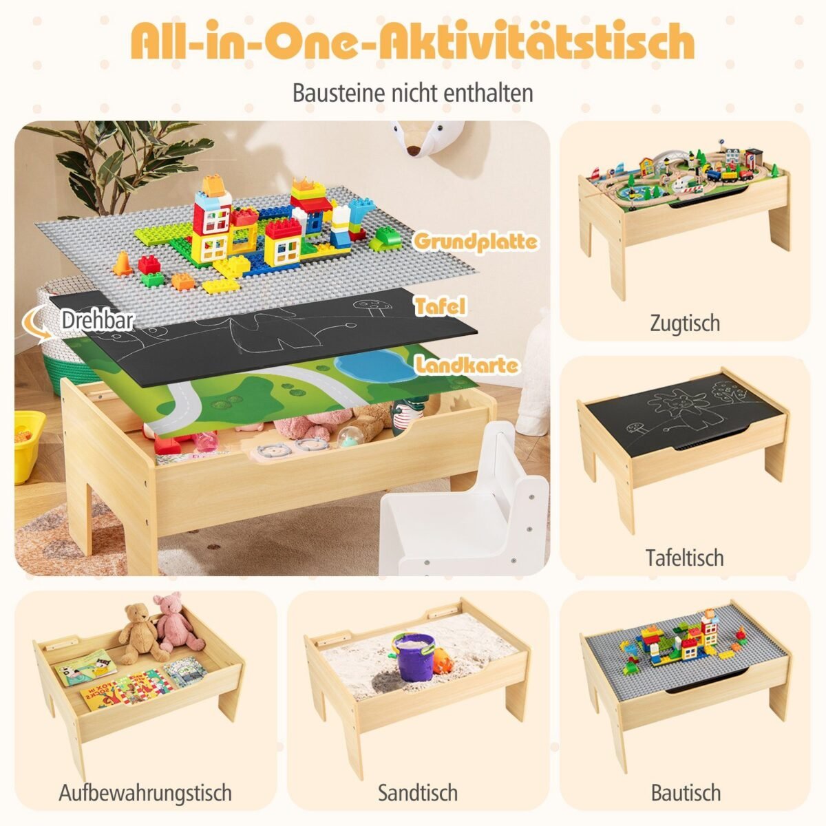 Medinis geležinkelio stalo žaidimų rinkinys su dvipuse lenta ir daiktų laikymo vieta (Natūrali)