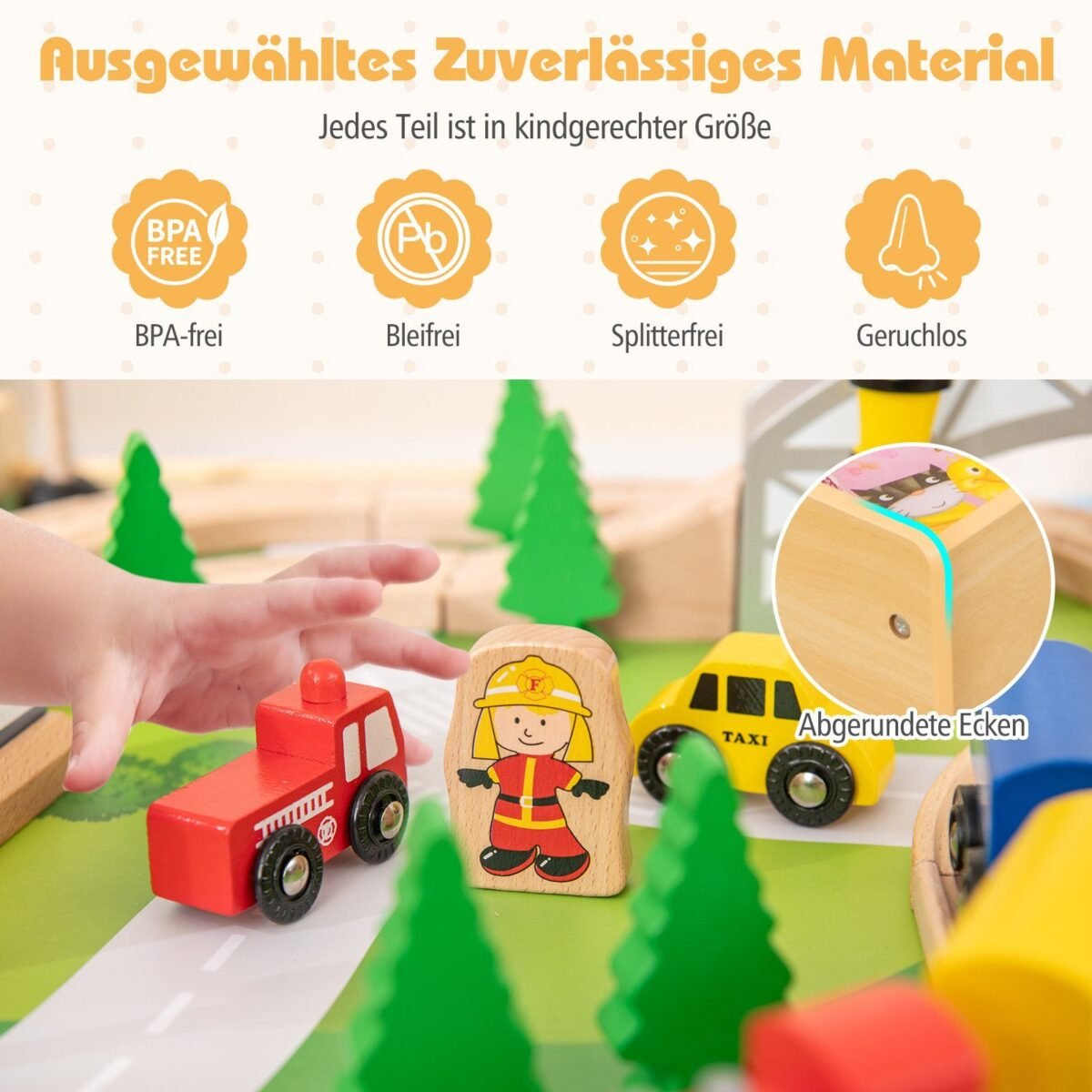 Medinis geležinkelio stalo žaidimų rinkinys su dvipuse lenta ir daiktų laikymo vieta (Natūrali)