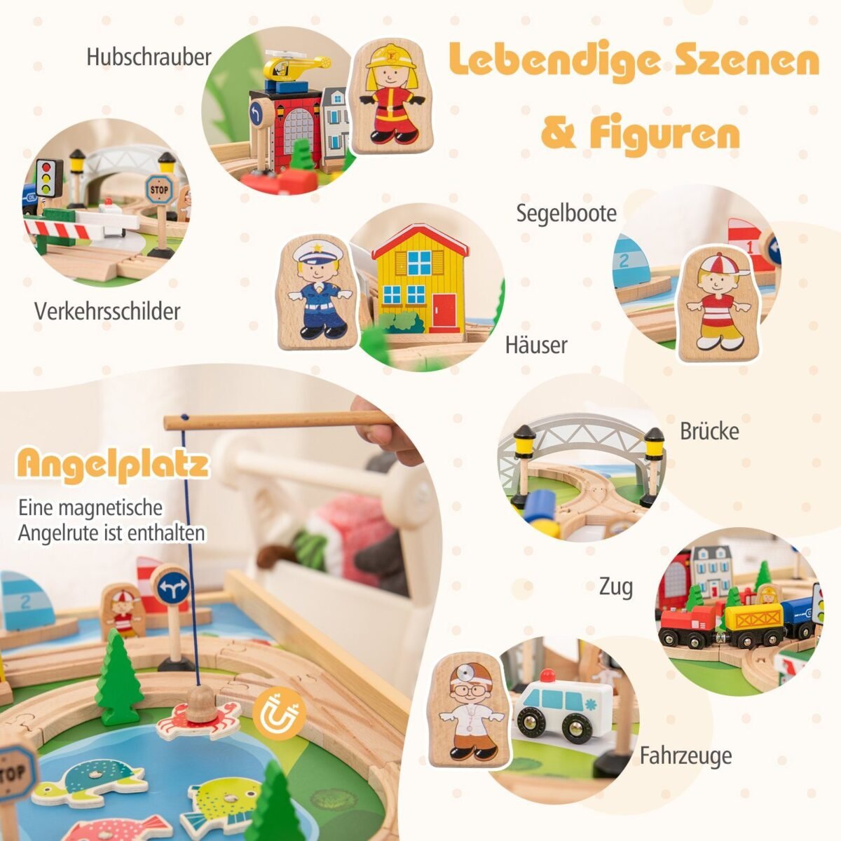 Medinis geležinkelio stalo žaidimų rinkinys su dvipuse lenta ir daiktų laikymo vieta (Natūrali)