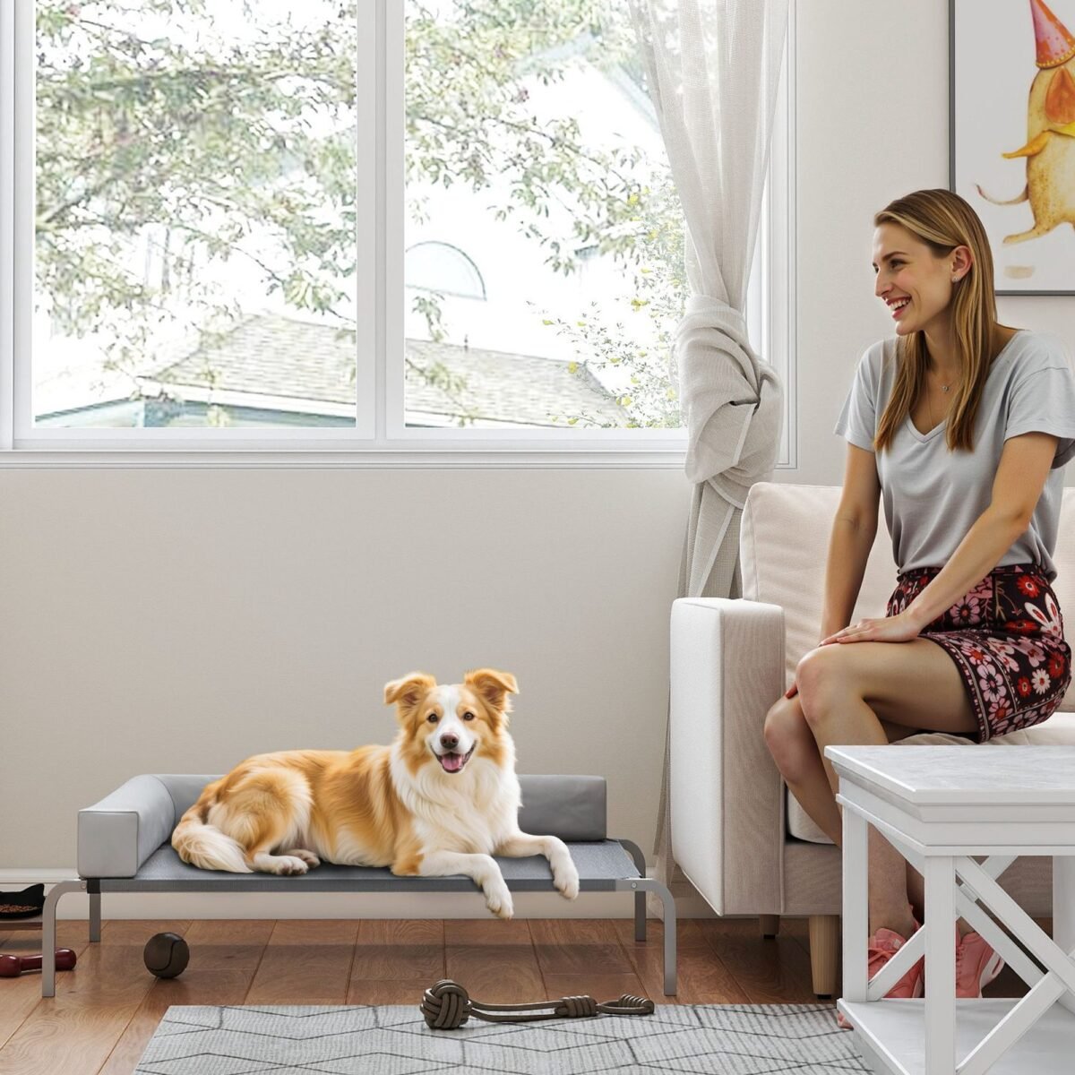 Pakelta lauko šuns lova su L formos pagalve