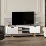 TV spintelė iki 65 colių televizoriams su stalčiais ir atviromis lentynomis