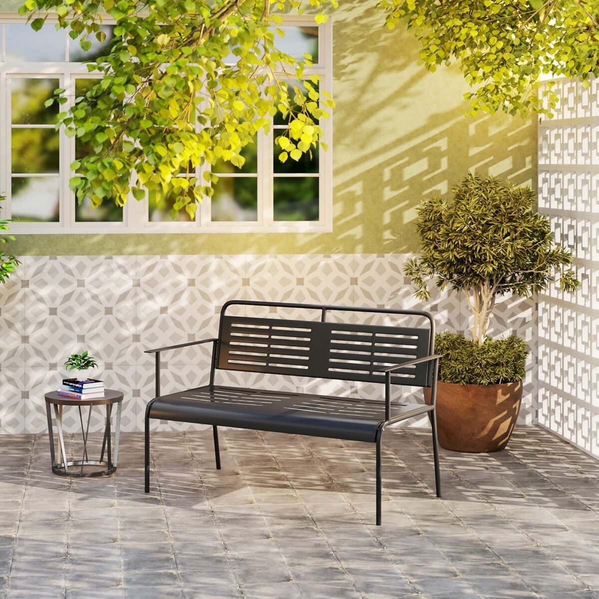 Oro sąlygoms atsparus plieninis sodo suoliukas su atlošu ir porankiais