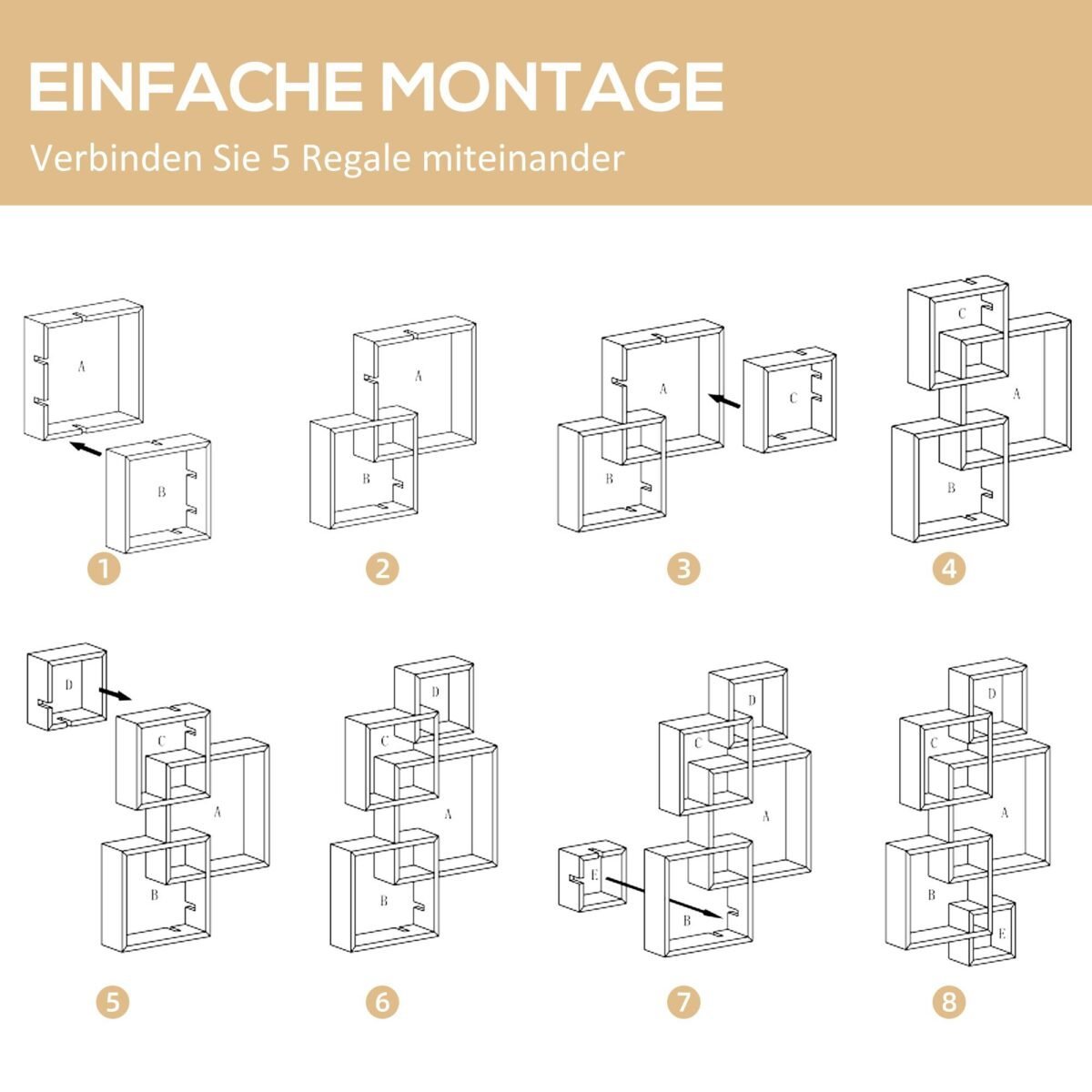 Pakabinama medžio masyvo lentyna su 5 įvairaus dydžio kubeliais