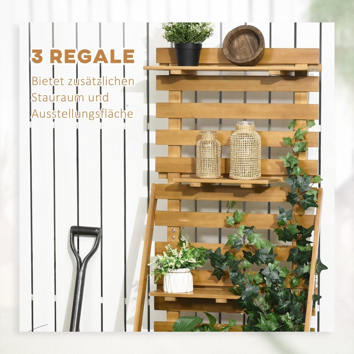 Pakelta lysvė su integruota vijoklinių augalų atrama ir 3 lentynėlėmis