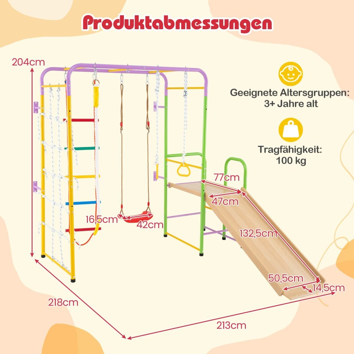 Vidinė laipiojimo aikštelė su virve sūpuoklėmis ir čiuožykla (Spalvota)