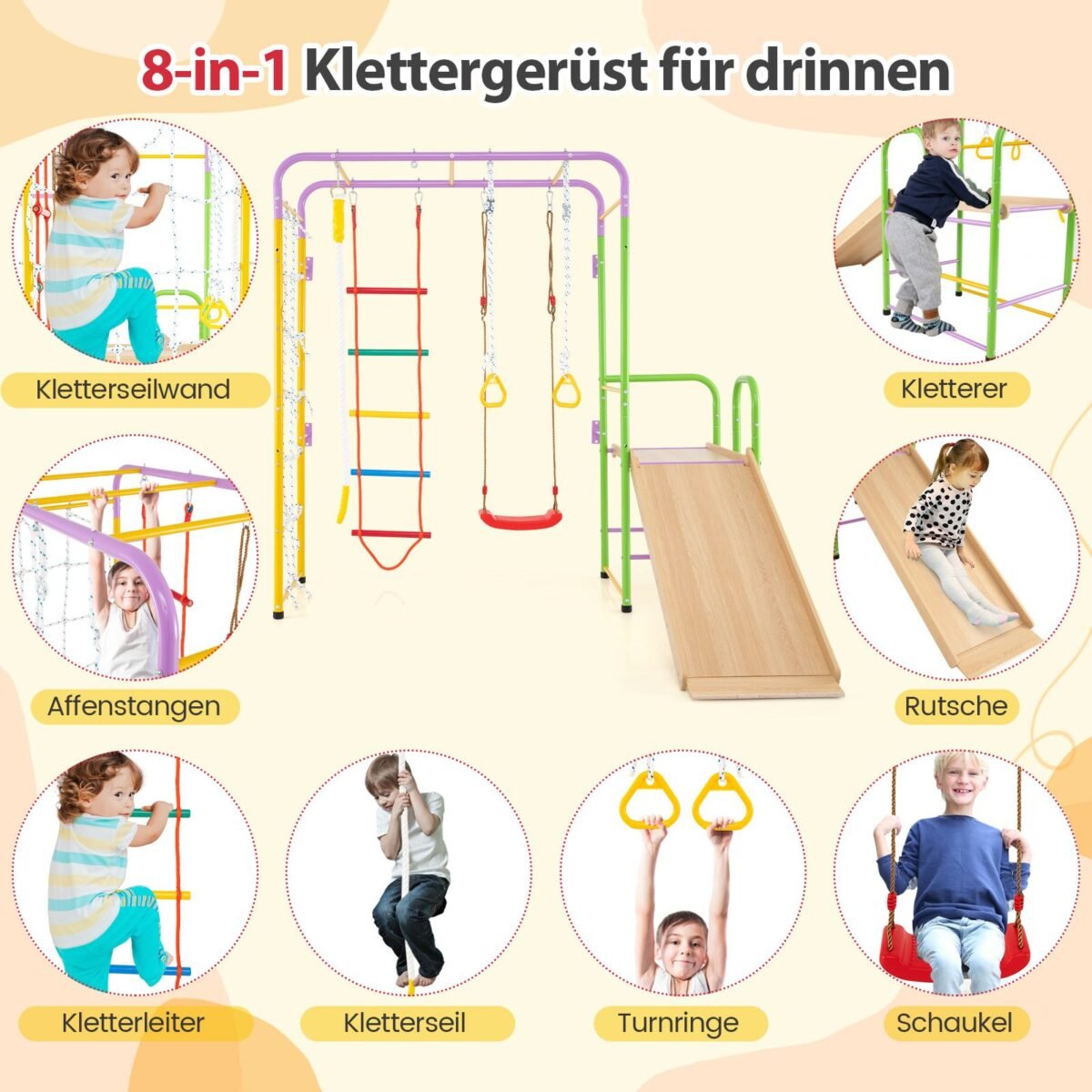 Vidinė laipiojimo aikštelė su virve sūpuoklėmis ir čiuožykla (Spalvota)