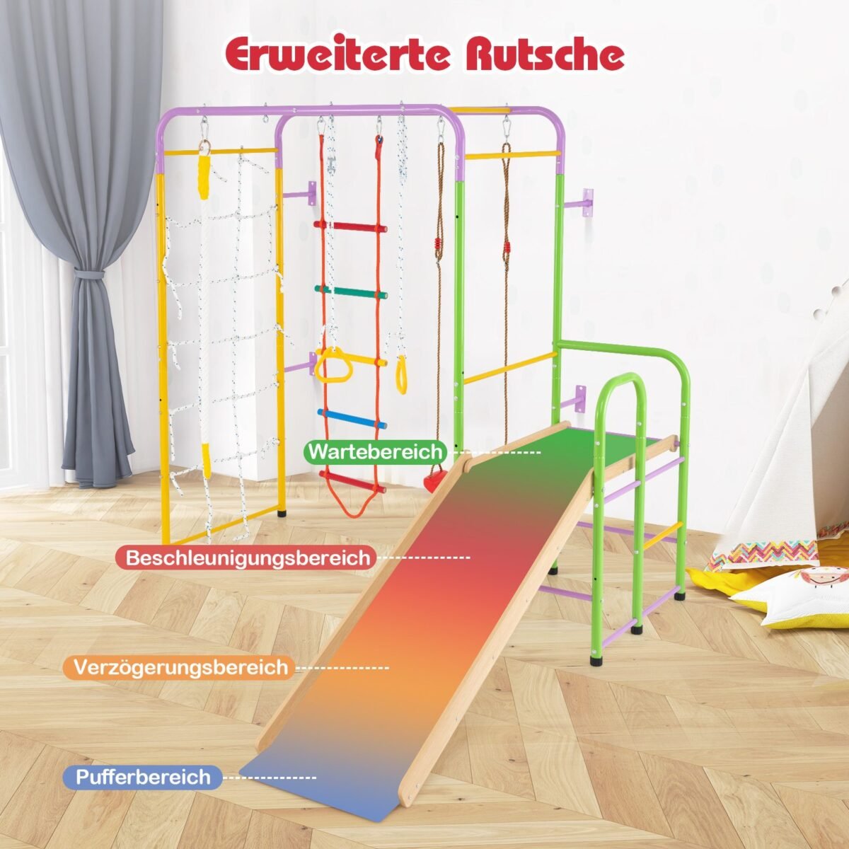 Vidinė laipiojimo aikštelė su virve sūpuoklėmis ir čiuožykla (Spalvota)