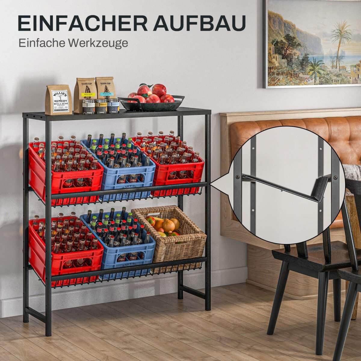 Reguliuojamo aukščio gėrimų dėžių stovas su pasvirusiais laikikliais