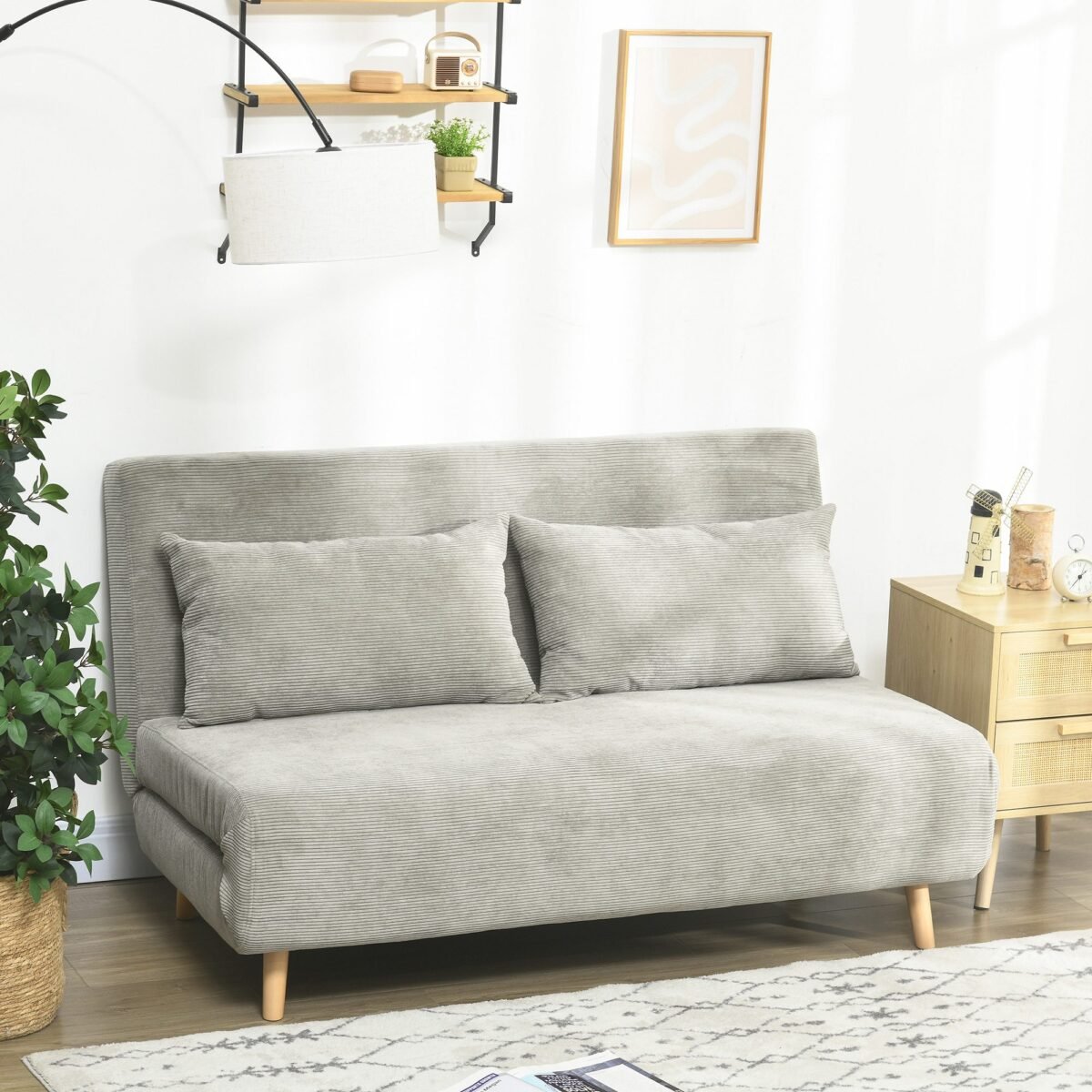 Dviejų vietų sofa-lova su trijų padėčių reguliuojamu atlošu ir lino imitacijos audiniu
