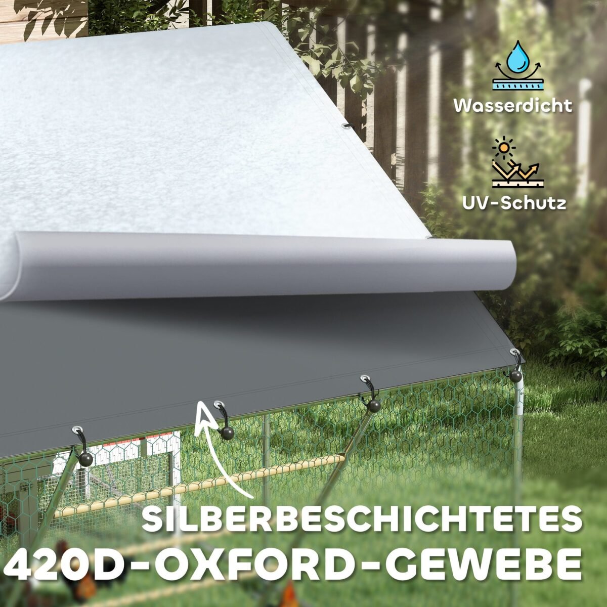 Erdvus vištų lauko aptvaras 6-8 vištoms su UV atspariu stogu ir lesykla