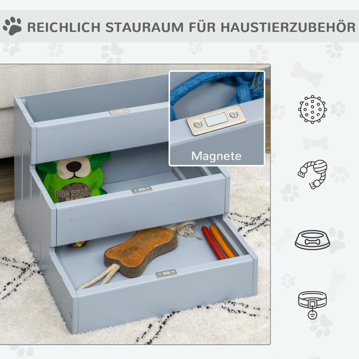 3 pakopų gyvūnų laipteliai su daiktadėže (38 cm aukščio)