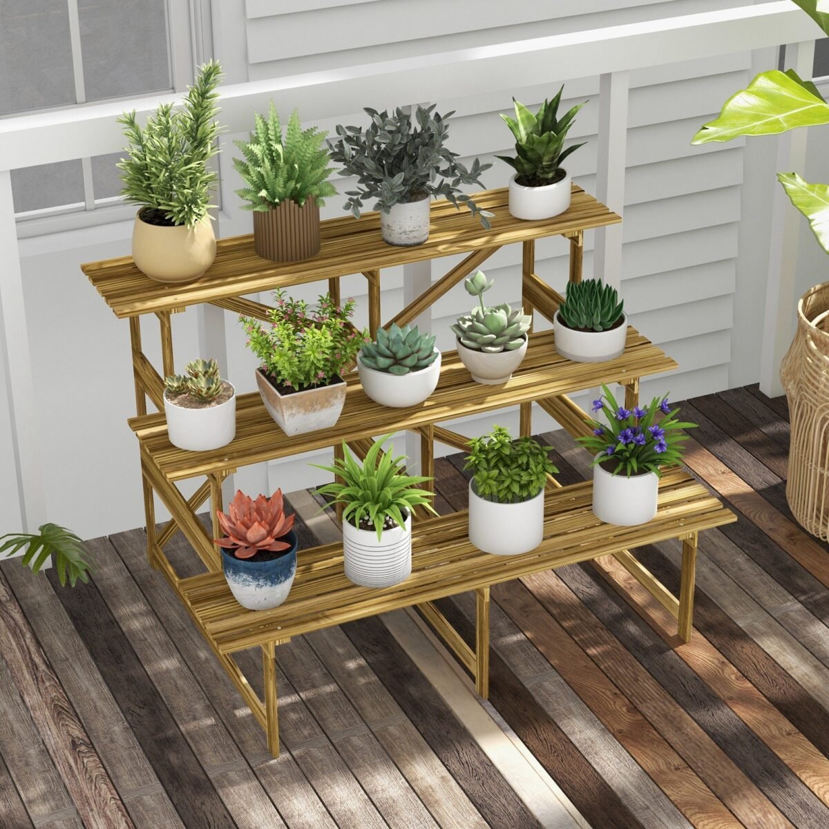 Eglės medienos trijų pakopų lauko augalų stovas