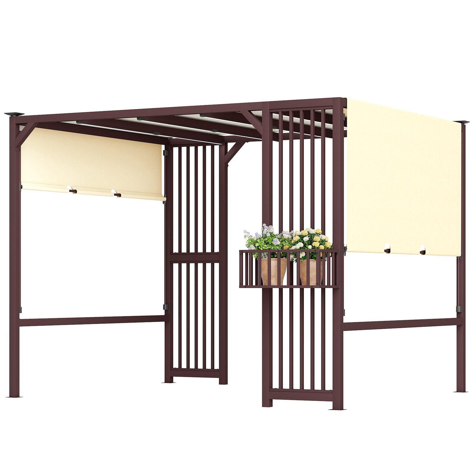 Bp7a86195f12a9459 Pergola su reguliuojamu stumdomu stogu, integruotomis privatumo sienelėmis ir augalų loveliais 3x2,5 m