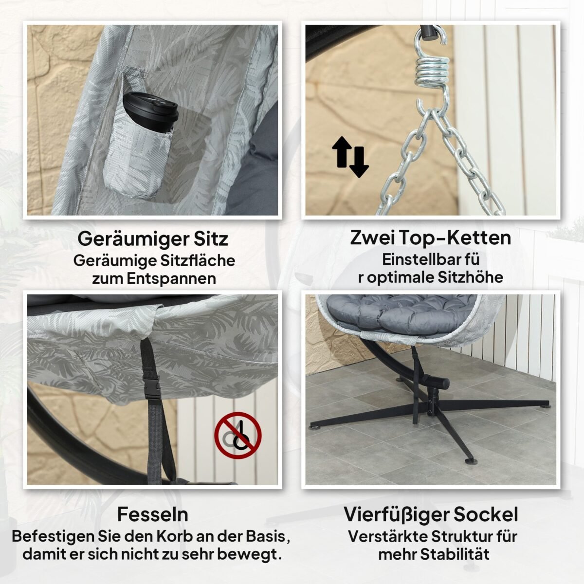 Kiaušinio formos pakabinamas krėslas su stovu laukui ir vidui