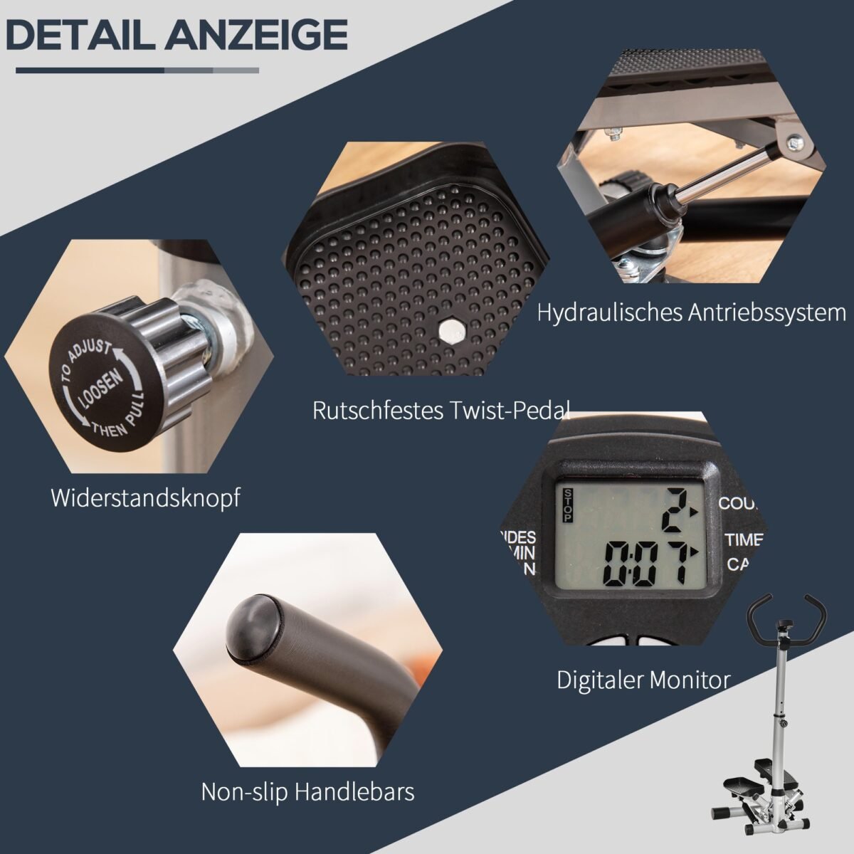 Namų steperis su LCD ekranu ir reguliuojamu hidrauliniu pasipriešinimu