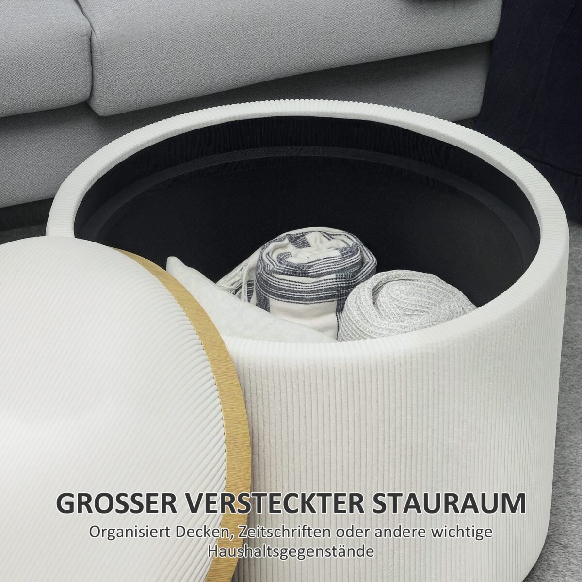 Apvalus pufas su daiktadėže ir nuimamu dangčiu-padėklu