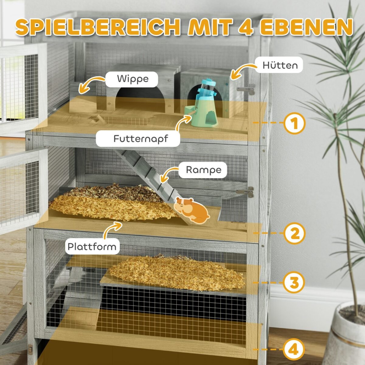 Medinis keturių aukštų hamsterio narvas su giliu padėklu