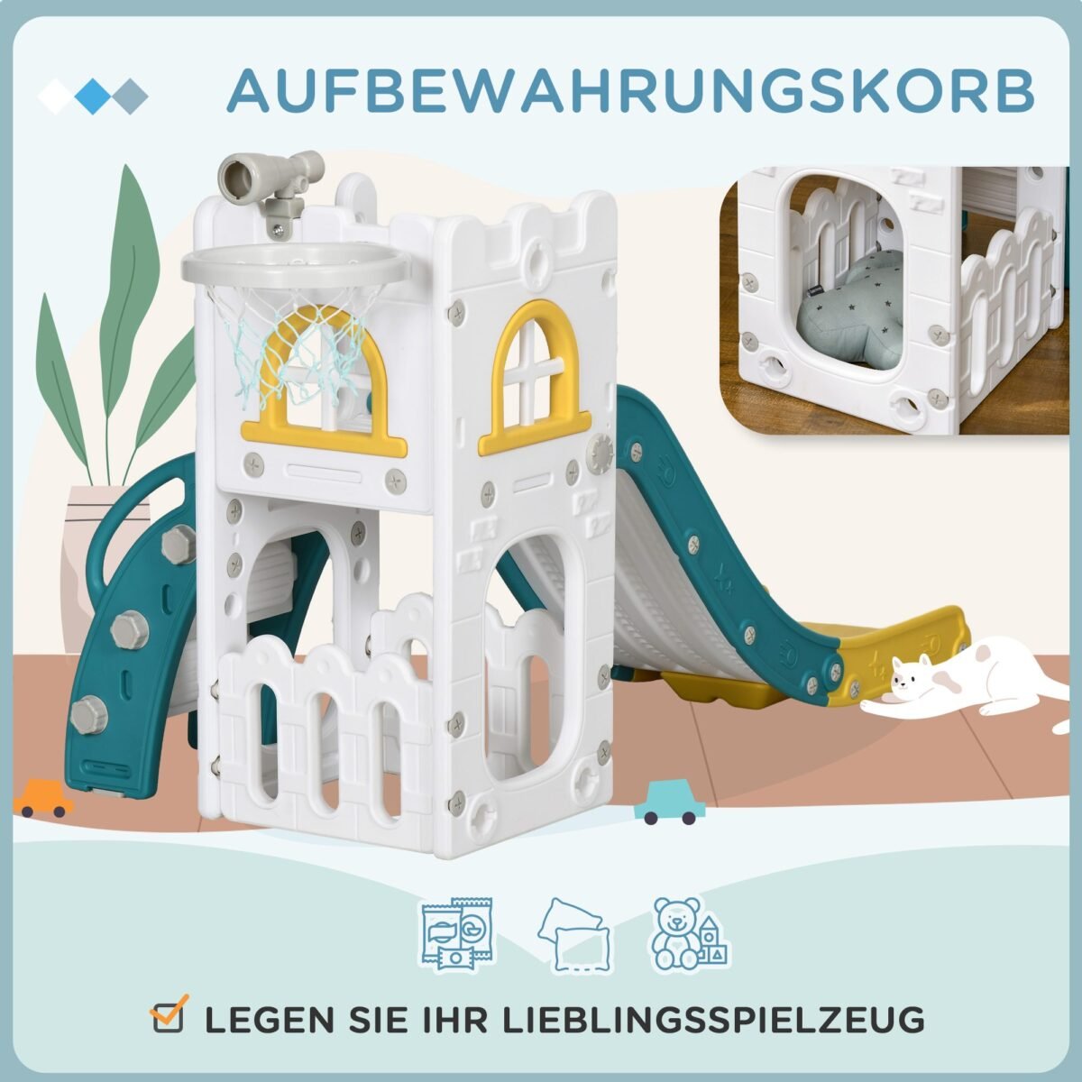 Vaikų čiuožykla 4 viename su krepšinio lanku