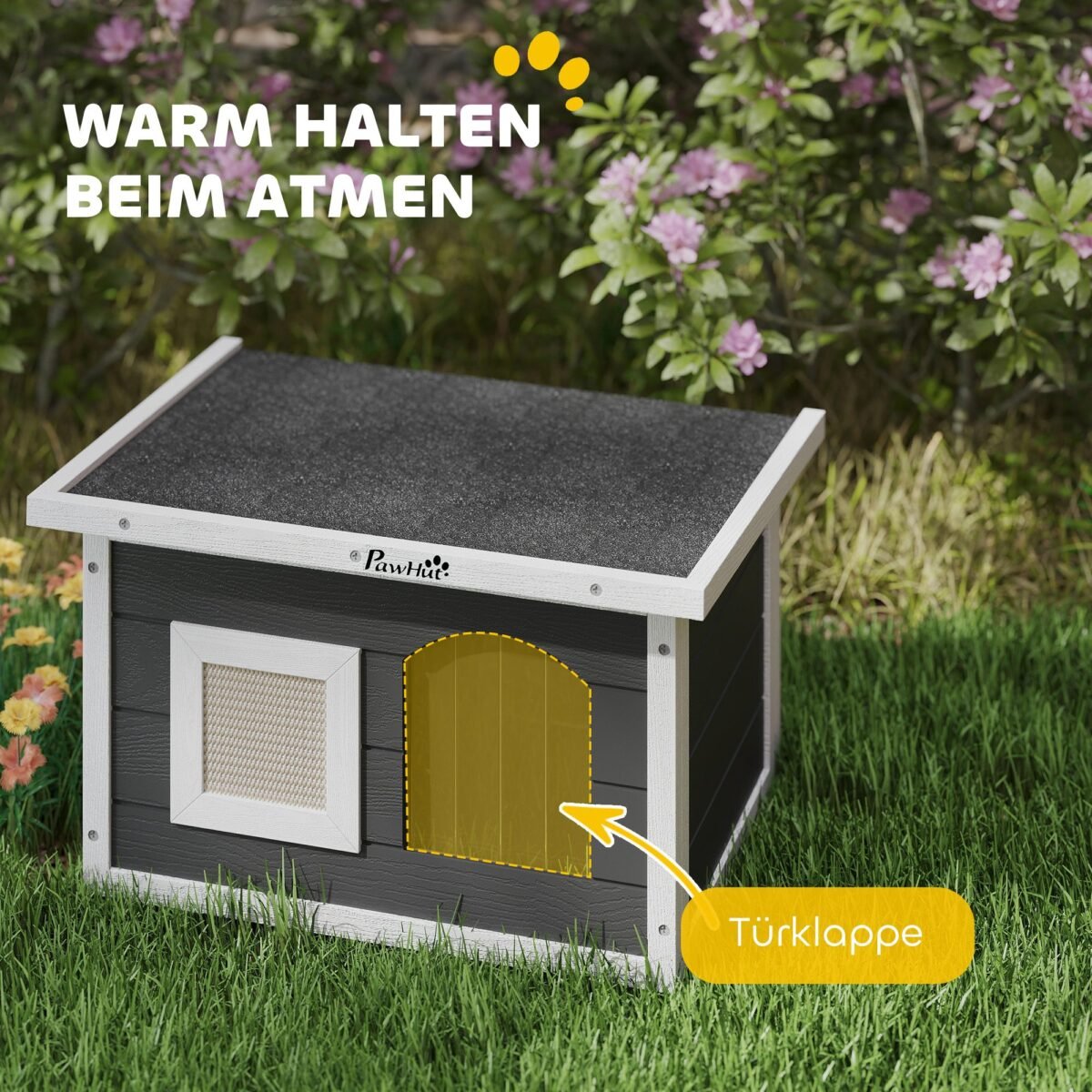 Lauko katės namelis su izoliacija ir atidaromu stogu