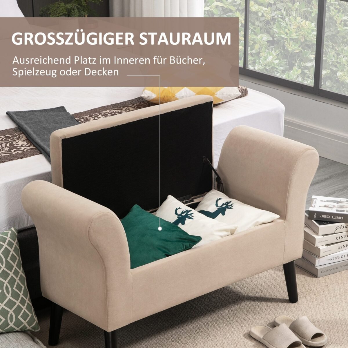 Minkštas suoliukas su daiktadėže ir porankiais apmuštas aksomo imitacijos audiniu