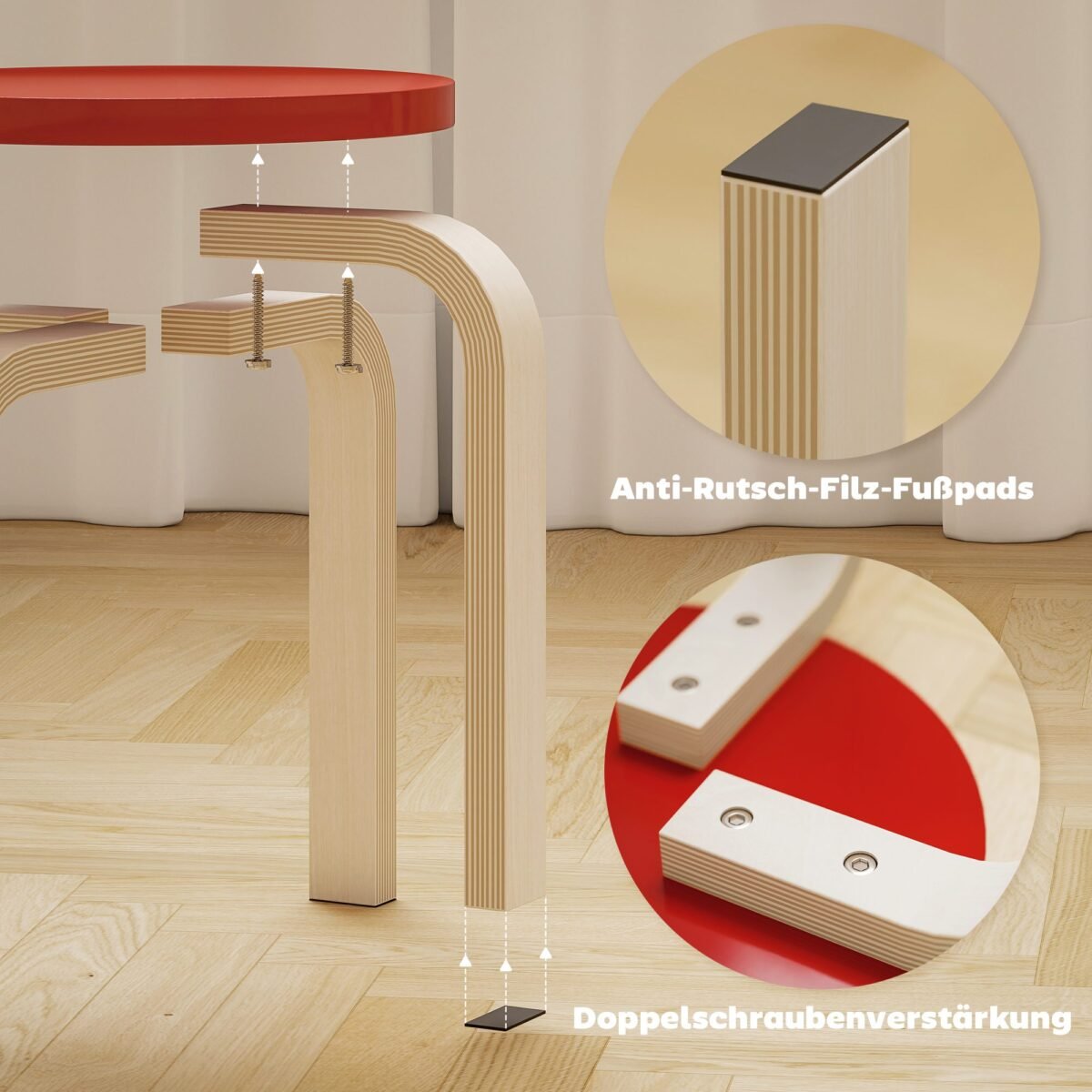 4 sukraunamos beržo faneros taburetės su veltinio padukais