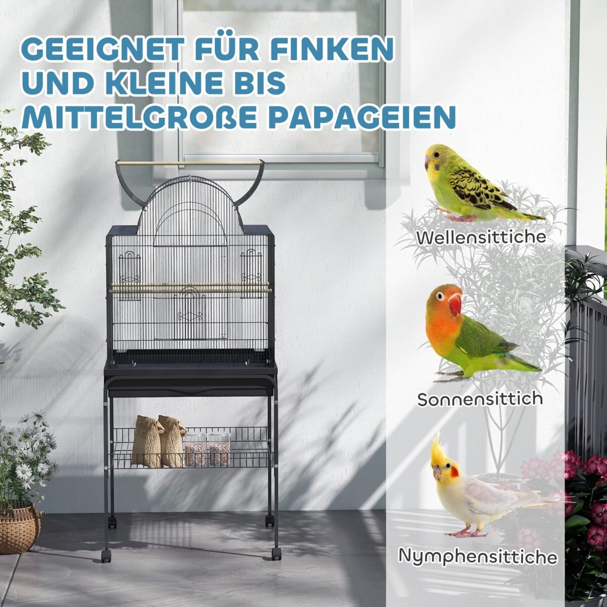 Mobilus paukščių narvas su dugno skyriumi ir ratukais