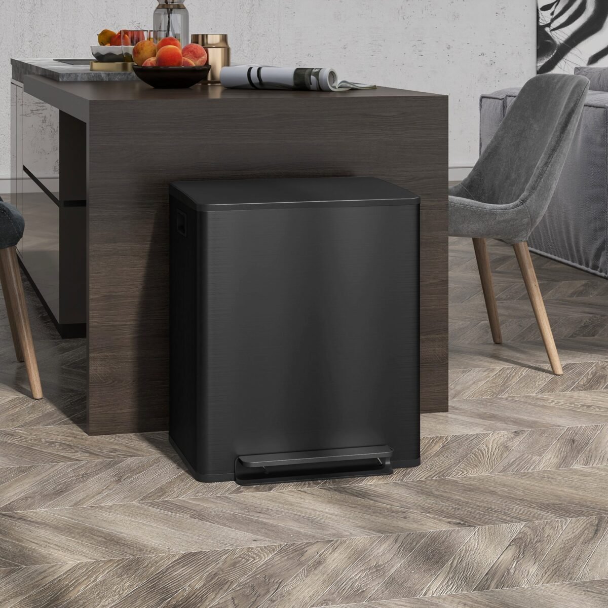 Pirštų atspaudams atspari paminama šiukšliadėžė su dviem 25 l skyriais