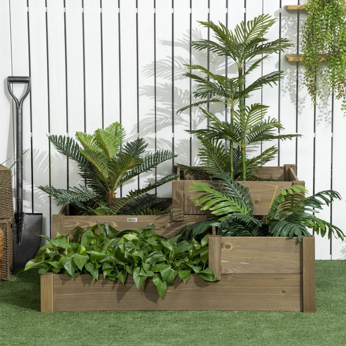 Masyvinės medienos trijų pakopų pakelta lysvė su 4 sodinimo skyriais