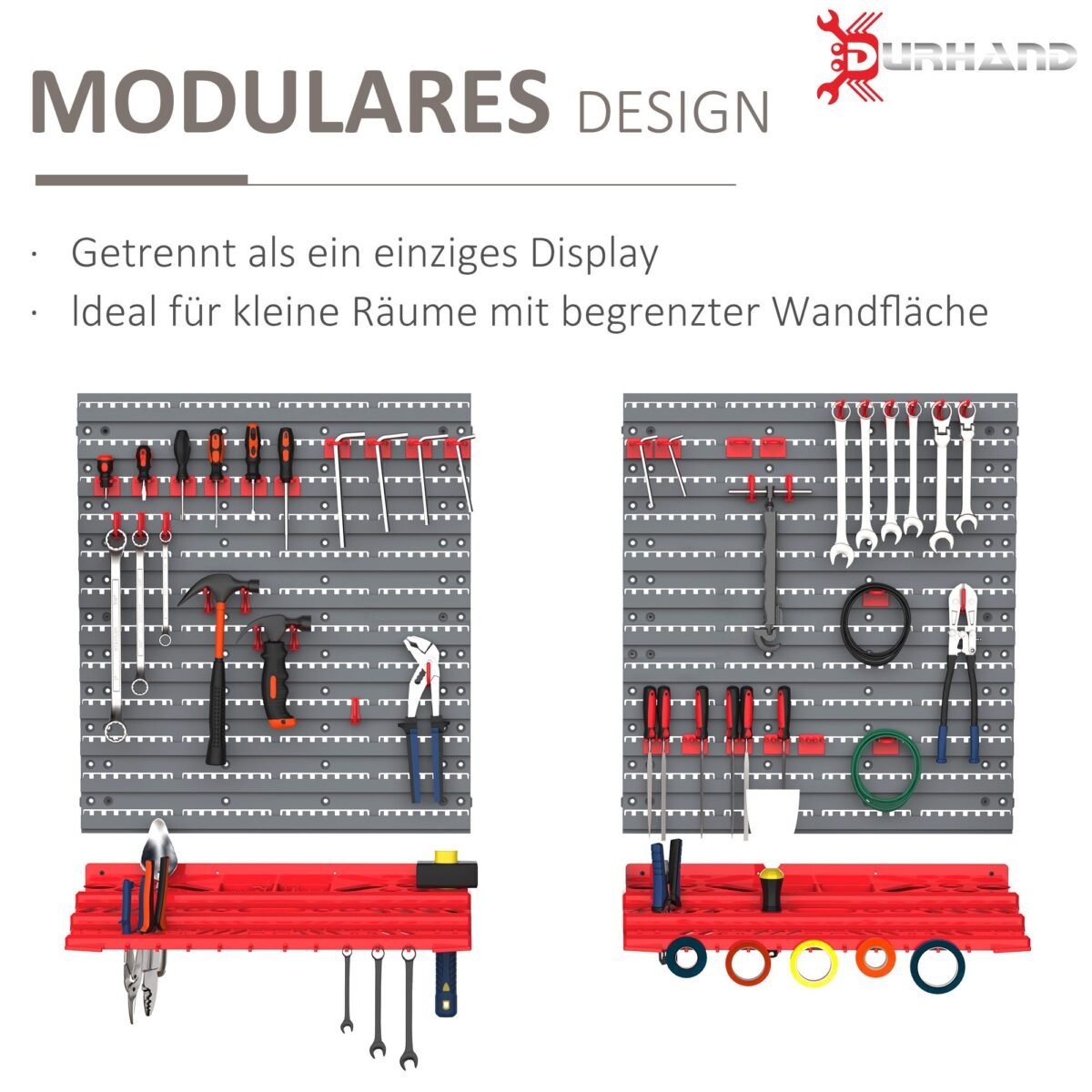 Sieninė įrankių laikymo sistema su perforuotomis plokštėmis, lentynomis ir 54 priedais