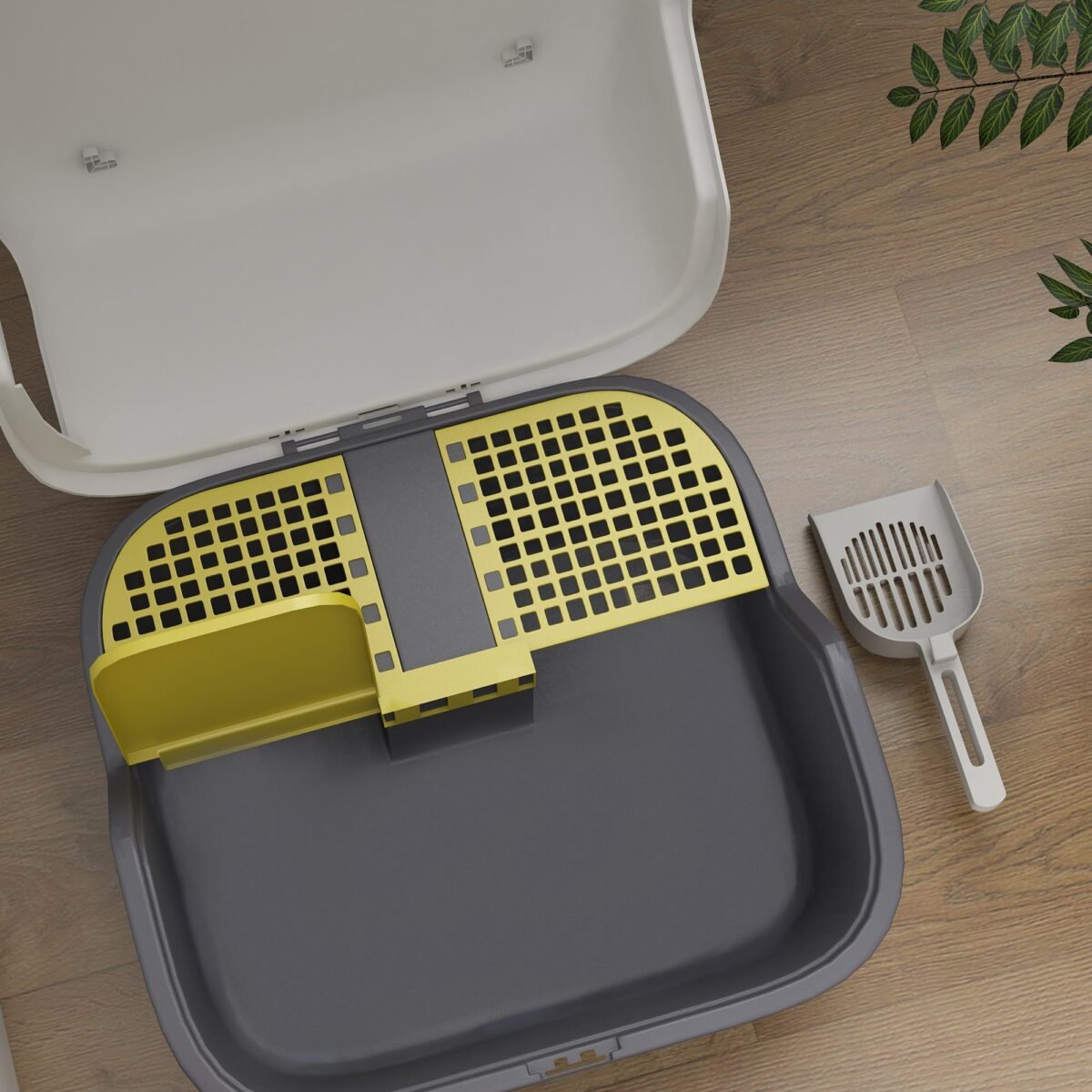 Kačių tualetas su viršutiniu įėjimu, atlenkiamu dangčiu ir semtuvėliu