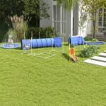 Šunų vikrumo treniruočių rinkinys su reguliuojamo aukščio kliūtimis ir lanku