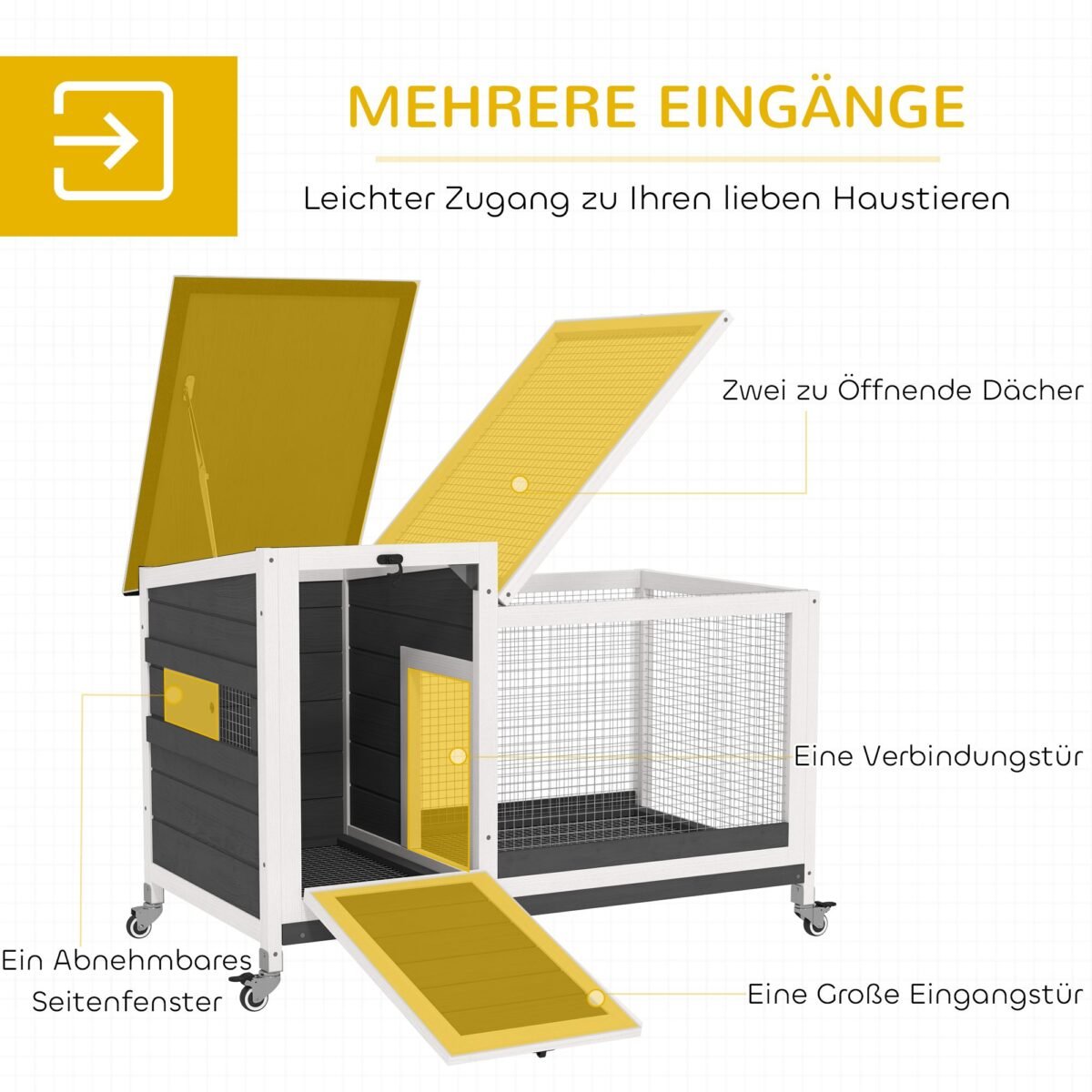 Medinė triušių triušidė su ratukais ir lauko aptvaru