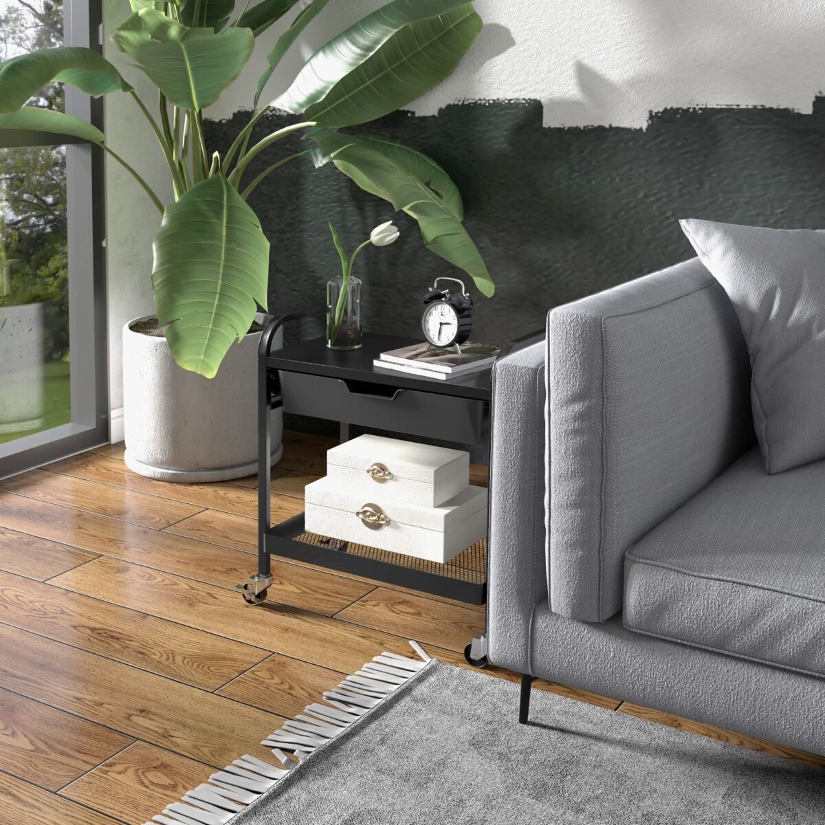 Daugiafunkcinis vežimėlis su stalčiumi, lentyna ir ratukais