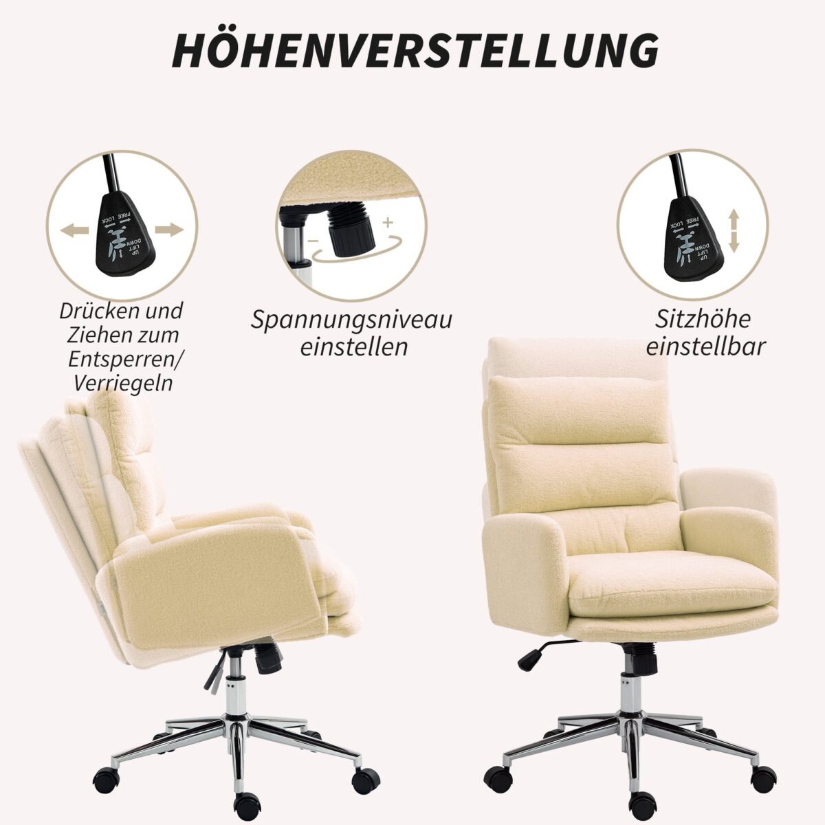 Biuro kėdė su avikailio imitacijos apmušalais, atlošimo funkcija ir pasukama sėdyne