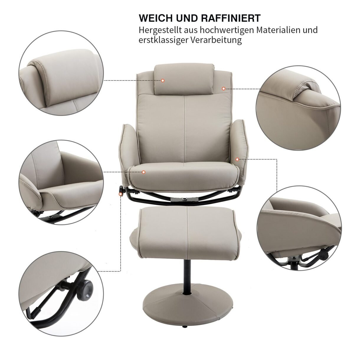 360° pasukamas relaksacinis krėslas su pakoju ir reguliuojamu atlošu