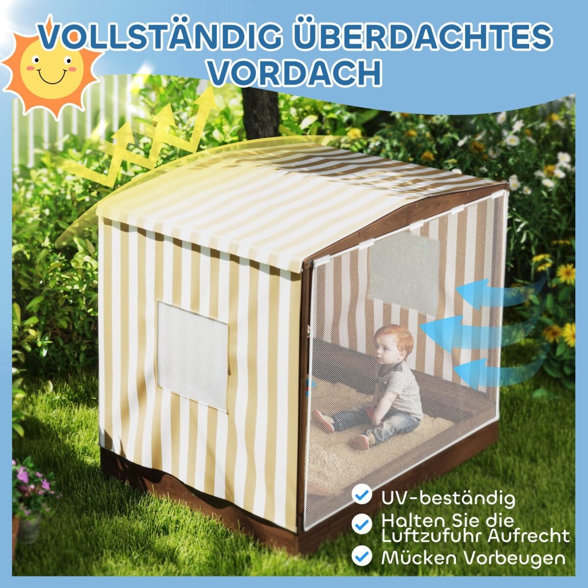 Smėlio dėžė su stogeliu, tinklinėmis durimis ir integruotais suoliukais