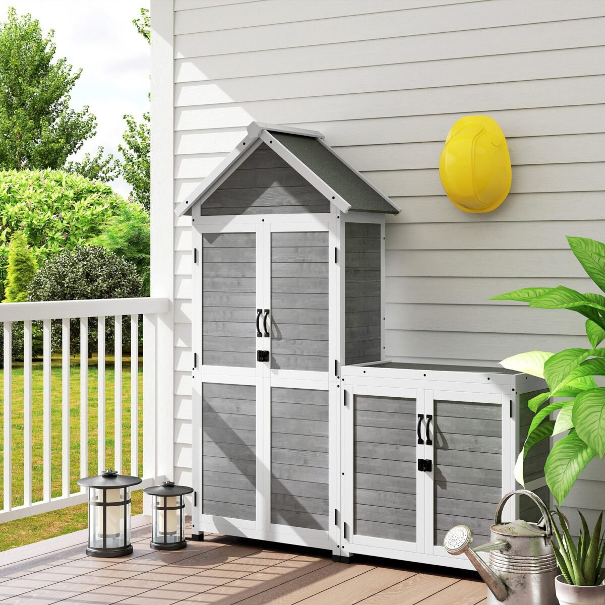 Lauko sandėliavimo spintų komplektas su reguliuojamomis lentynomis ir rakinamomis durimis