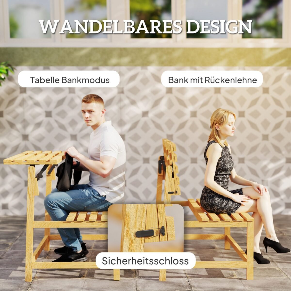 Dvivietis medinis lauko suoliukas, paverčiamas stalu