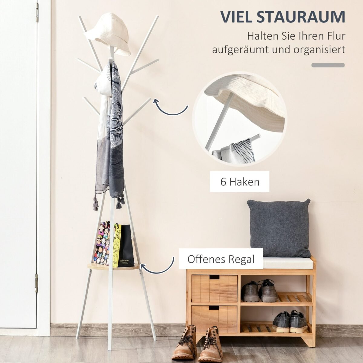 Moderni drabužių kabykla su lentyna ir 8 kabliukais