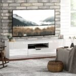 TV spintelė blizgiais fasadais, skirta iki 65 colių TV, su 3 skyriais ir stalčiumi