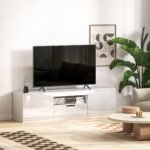 TV spintelė blizgiais fasadais, skirta iki 65 colių TV, su 3 skyriais ir stalčiumi