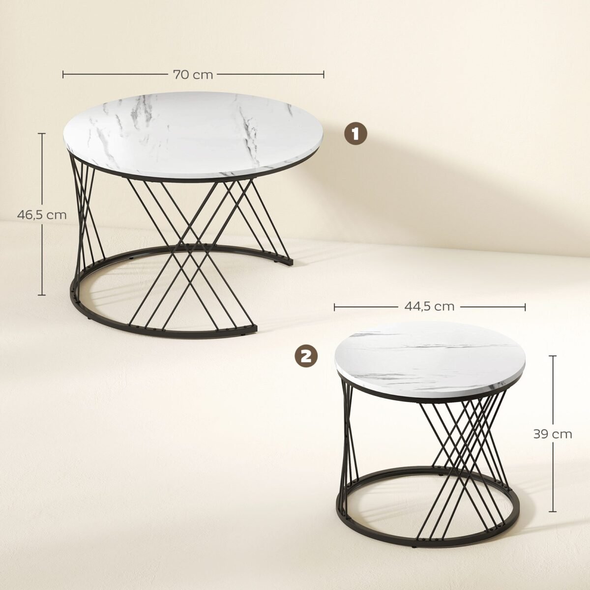 Kompaktiškas 2 dalių apvalių kavos staliukų komplektas su marmuro efekto stalviršiais