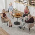 Kompaktiškas apvalus valgomojo stalas 2-4 asmenims su ąžuolo rašto stalviršiu